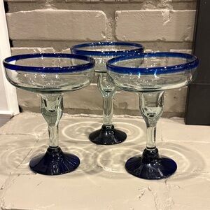 Set of 3 Hand Blown Blue Rimmed Margarita Glasses Made in Mexico